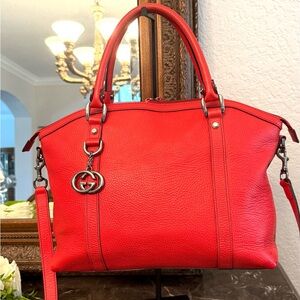 Gucci Pebbled Leather GG Charm Convertible Dome Satchel Red Handbag Crossbody
